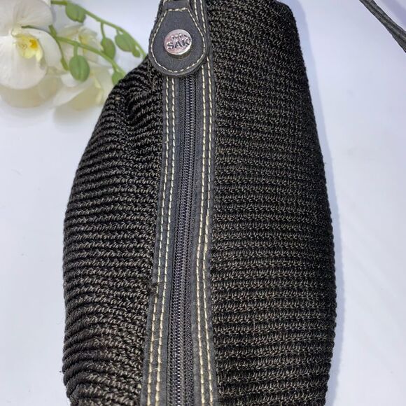 The Sak Black Crochet Shoulder Bag Leather Trim Medium - Picture 6 of 8